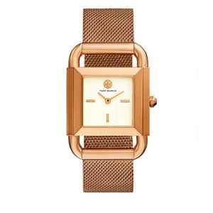 Tory Burch Phipps Rose Gold Tone Mesh Band Square Stainless Steel Watch